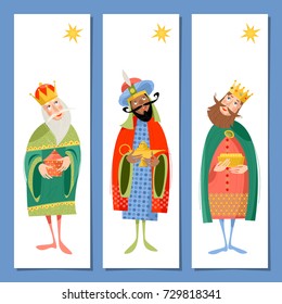 Juego de 3 tarjetas de felicitación universal de Navidad y marcadores con tres reyes bíblicos: Caspar, Melchior y Balthazar. Tres sabios. Plantilla. Ilustración vectorial.