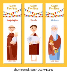 Set of 3 universal greeting cards  and bookmarks with Saint Anthony, Saint John, Saint Peter (Santo Antonio, Sao Joao, Sao Pedro). Template. Vector illustration.