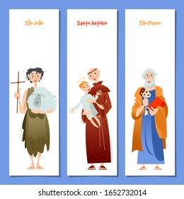 Set of 3 universal greeting cards  and bookmarks with Saint Anthony, Saint John, Saint Peter (Santo Antônio, São João, São Pedro). Template. Vector illustration.