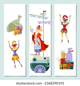 Set of 3 universal greeting cards  and bookmarks. Santa Claus (Sinterklaas) and his assistants wave hands. Vector illustration

