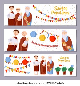 Set of 3 universal horizontal banners for Portuguese festival "Santos Populares" ( Popular Saints' ). Template. Vector illustration.