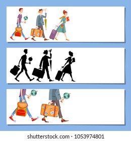 Set of 3 universal horizontal banners. Travel concept. Template. Young man a backpack, man with a suitcase and an umbrella, girl with a suitcase and a guidebook. Vector illustration