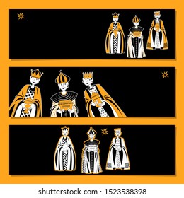 Set of 3 universal horizontal banners. Children in Biblical Magi costumes. Three Wise Men. Three Kings. Vector illustration.