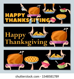 Set of 3 universal horizontal banners “Happy Thanksgiving”. Traditional holiday foods. Vector illustration
