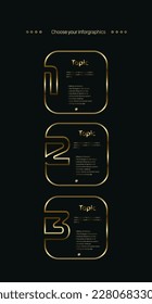 Set of 3 uxury abstract multipurpose Infographic buttons design, with three options and Premium golden Lines on a dark background, Vector and illustration