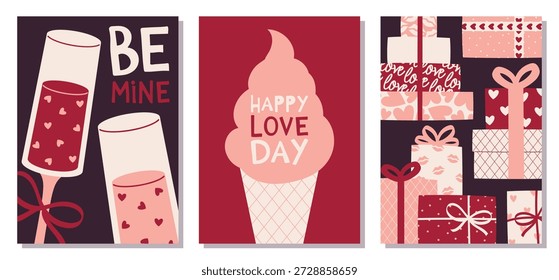 Set of 3 Valentine Greeting Cards with champagne, ice cream, and gift boxes