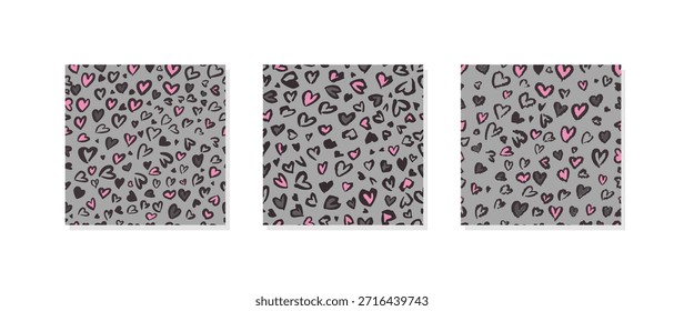 Conjunto de 3 patrones sin costuras de leopardo de San Valentín. Estampado animal de moda. Corazón de piel de guepardo manchado en forma de corazón. Fondo de Vector para tela, textil, Fondo de pantalla, papel de embalaje, etc