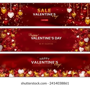 Set of 3 Valentine's Day headers with 3d colorful glossy hearts and realistic confetti ribbons. Greeting card or romantic invitation billboard with hearts, streamers and highlights in heart shape