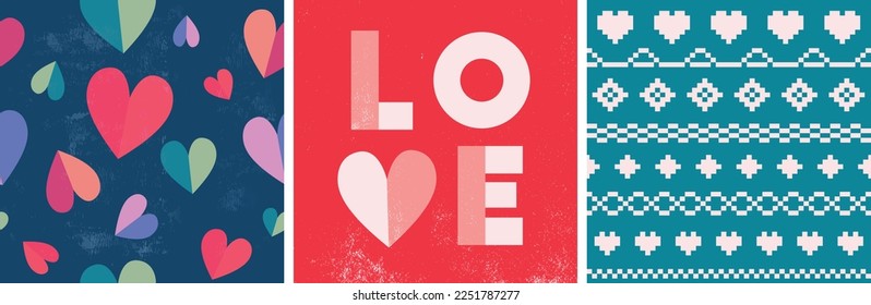 Set of 3 Valentines day, heart shape vector illustration. Seamless pattern. Hand painted grunge texture.