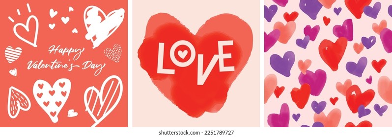 Set of 3 Valentines day, heart illustration. Hand painted watercolor vector illustration. Seamless pattern.