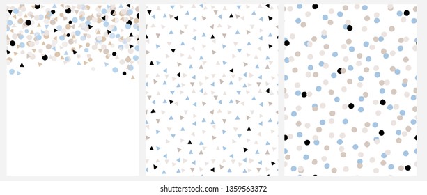 Set of 3 Various Abstract Geometric Vector Layouts. Blue, Beige, Gray and Black Confetti Rain on a White Background. Tiny Colorful Triangles Vector Pattern. Multicolored Dots Repeatable Design.