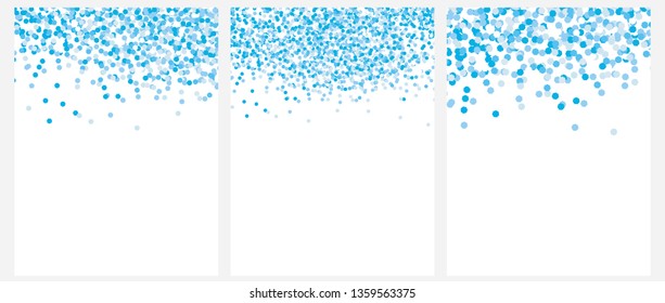 Set of 3 Various Abstract Geometric Vector Layouts. Blue Tiny Falling Confetti on a White Background. Blue Confetti Rain Vector Design. Simple Bright Layouts Without Text.