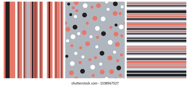 Set of 3 Various Abstract Vector Prints. Red, White and Black Dots Isolated on a Gray Background. White, Red and Gray Horizontal Stripes on a Gray. Black, White and Gray Vertical Lines on a Red.