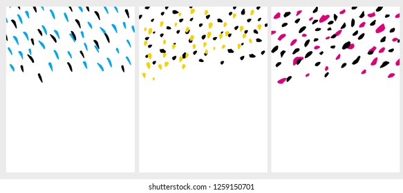 Set of 3 Variuos Abstract Vector Layouts. White Background. Blue, Yellow, Pink and Black Design. Abstract  Brush Style Art. Funny Irregular Dots and Stripes. Simple Bright Graphic.Layout without Text.