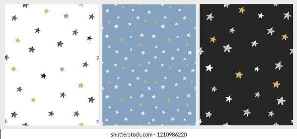 Set of 3 Varius Star Vector Patterns. Irregular Hand Drawn Simple Graphic. Christmas Delicate Illustrations. Infantile Style Design. White, Gray, Gold and Blue Color.
