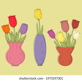 Set of 3 vases with beautiful tulips