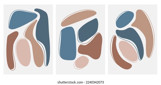 Set of 3 vector abstract pictures with figures. wall art decor. Boho minimalistic scandinavian art in blue, pink, brown, terracotta pastel colors. Modern interior design, bedroom print. Circles, lines