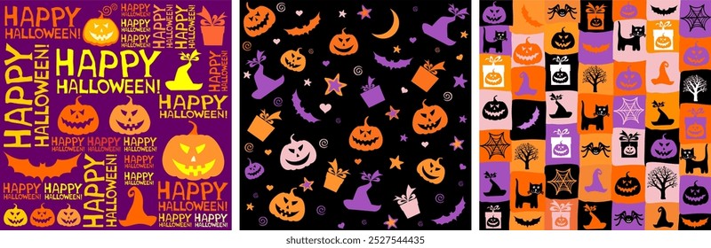 Set von 3 Vektor abstrakte nahtlose süße Halloween-Muster. Gut für textile Stoffgestaltung, Umschlagpapier, Website Tapeten, Textil, Tapete und Bekleidung. Vektorgrafik