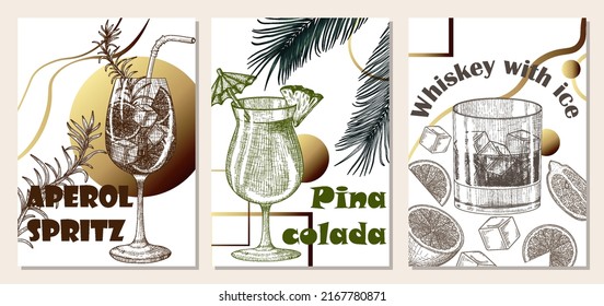 Set of 3 vector banner templates with cocktails in engraving style. Graphic linear Aperol spritz, iced whiskey and pina colada