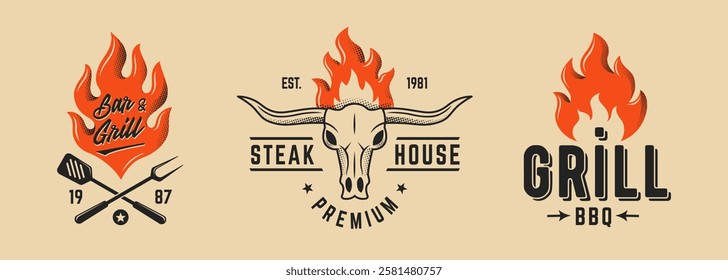 Set of 3 Vector barbecue and smokehouse logo designs with flames, grilling tools. Perfect for BBQ restaurants, smokehouses, and grill branding. Retro barbecue emblem set with fire and utensils. 