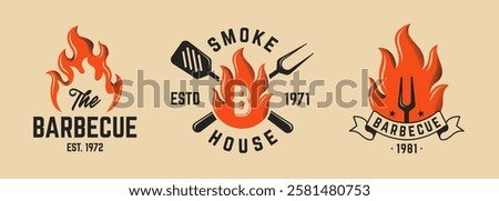 Set of 3 Vector barbecue and smokehouse logo designs with flames, grilling tools. Perfect for BBQ restaurants, smokehouses, and grill branding. Retro barbecue emblem set with fire and utensils. 
