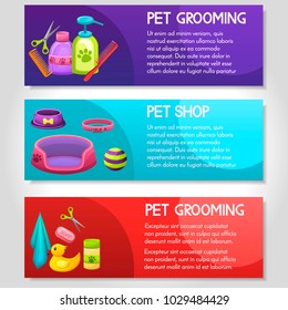 Set of 3 vector brouchure. flyer,banner with pet grooming accesories isolated on background in different styles. For pet store,grooming salon.