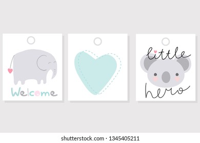Set of 3 vector cards for gifts, invitations, cards, etc. Baby Shower cards. Simple flat design.