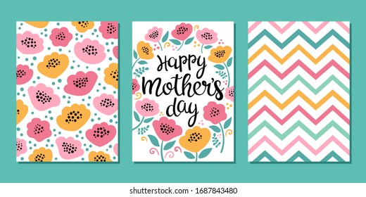 Set of 3 vector cards. Vector illustration with calligraphy inscription, flowers and chevron background. Modern typography for Happy Mother's Day. Templates ready for use in web or print design.