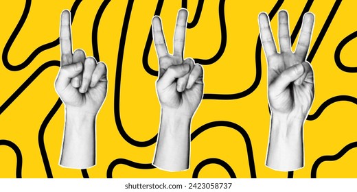 Set of 3 vector elements in retro halftone style on a yellow background. Various hand gesture icons with number of fingers, counting by bending fingers. Pop art paper cut elements.