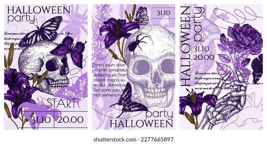 Set of 3 vector Halloween party invitations in engraving style. Graphic skull, flowers, skeletal hand, butterflies, spiders, heart