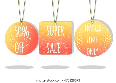 Set of 3 vector hanging sale tags: 50% off, super sale, limited time only. Isolated on white.