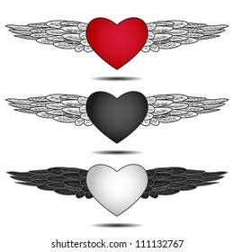 set of 3 vector hearts with wings