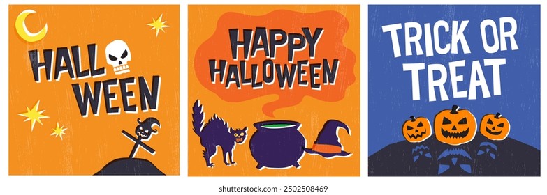 A set of 3 vector illustrated Halloween-themed cards perfect for social media or print.