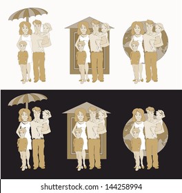 set of 3 vector illustration of happy family with different symbols of protection backward: umbrella, house, globe