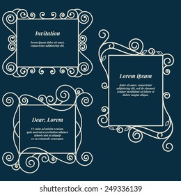 Set 3 vector illustration vintage frames of elegant lines. Retro invitations cards.