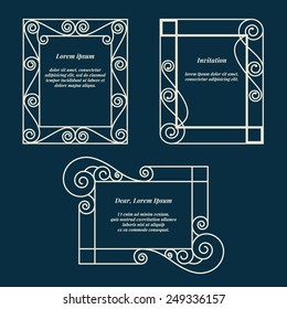 Set 3 vector illustration vintage frames of elegant lines. Retro invitations cards.