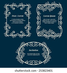 Set 3 vector illustration vintage frames of elegant lines. Retro invitations cards.
