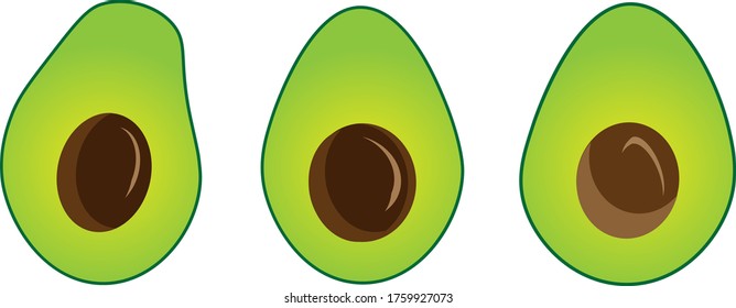 Conjunto de 3 ilustraciones vectoriales de aguacates cortados a la mitad con semillas.