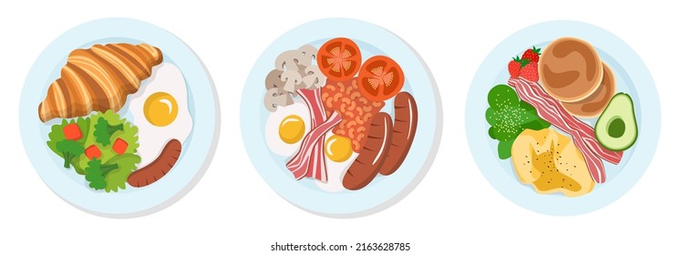 Set of 3 vector illustrations of bright tasty nutritious breakfasts. Plate top view. Delicious, healthy food on porcelain dish isolated on white background.