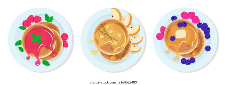 Conjunto de 3 ilustraciones vectoriales de deliciosos y brillantes desayunos nutritivos con crepes. Plate la vista superior. Deliciosa comida sana en plato de porcelana aislada de fondo blanco.