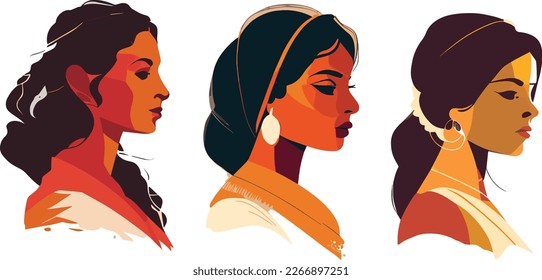 Set of 3 vector illustrations of Indian women portrait