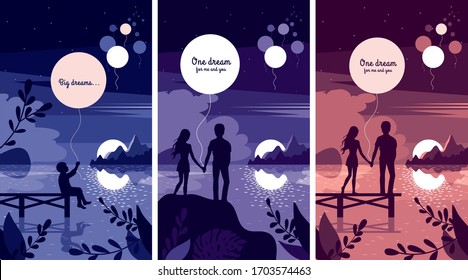 Set of 3 vector illustrations of night landscapes with a lonely child launching a balloon into the sky, a  couple in love holding luminous lantern in their hands by the sea. Big dream. Poster, card.