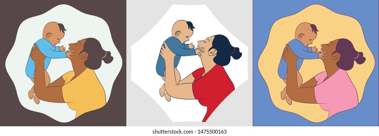 Set of 3 vector illustrations with wave and rhombus frame. A mother holds her baby son picks up. Happy Mother`s Day design for a flyer, banner or poster.