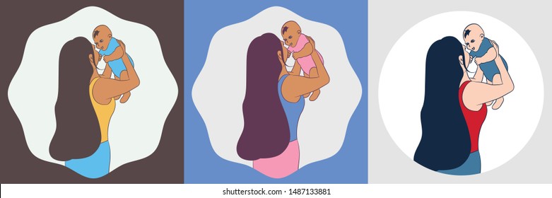 Set of 3 vector illustrations with wave and circle frame. A mother holds her baby son or daughter picks up. Happy Mother`s Day design for a flyer, banner or poster.