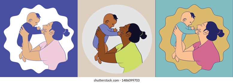 Set of 3 vector illustrations with zigzag and circle frame. A mother holds her baby son picks up. Happy Mother`s Day design for a flyer, banner or poster.