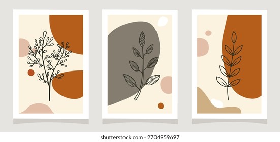 Um conjunto de 3 imagens vetoriais no estilo minimalista, composições abstratas com motivos de galhos em cores naturais. Para interiores modernos, design de livros ou cartazes.