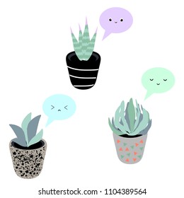 Set of 3 vector kawaii potted plants stickers, perfect for scrapbooking, bullet journals, patches, etc.