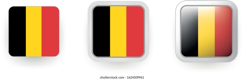 Set of 3 vector labels of Belgium - flag shield button, flat and volumetric style in flag colors black, yellow, red for poster, flyer