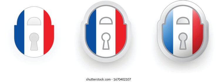 Set of 3 vector labels of France  locked padlock, flat and volumetric style in flag colors blue, red, white for poster, flyer