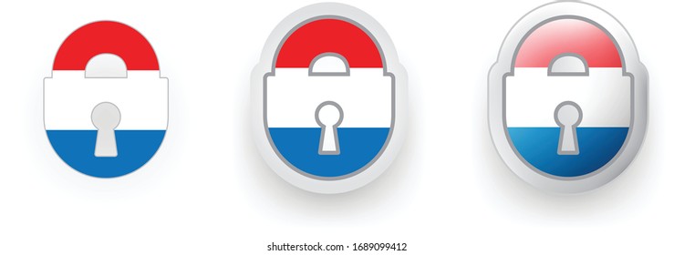 Set of 3 vector labels of Netherlands  locked padlock, flat and volumetric style in flag colors red, blue, white for poster, flyer